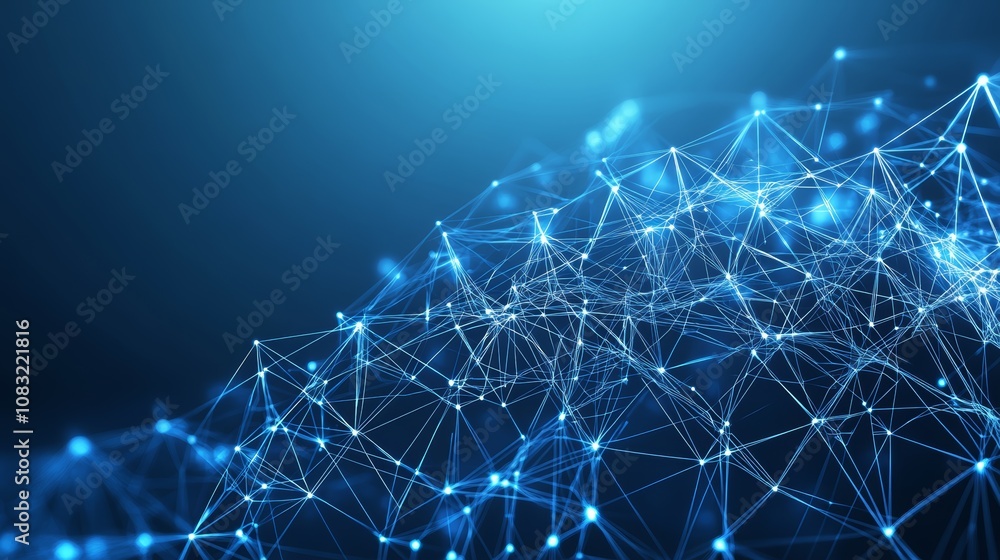 Poster abstract blue background with glowing network of connected dots and lines.