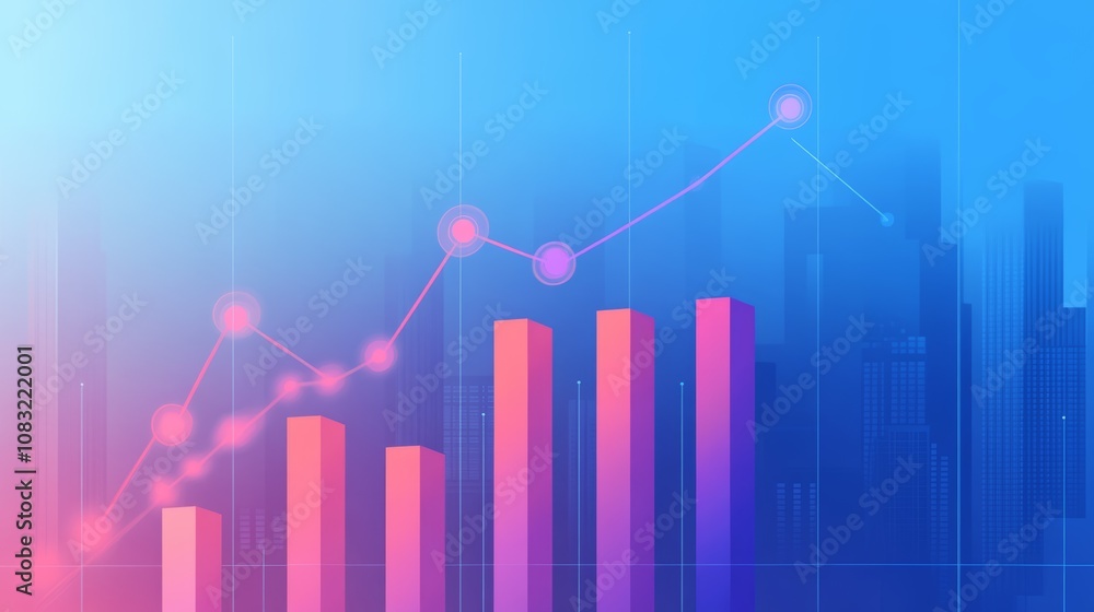 Poster abstract colorful background with an upward trend line and bar graph, city skyline in the background