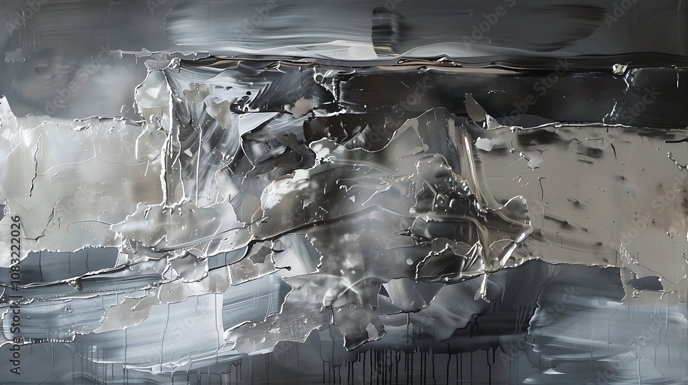 Poster abstract painting with a heavy use of grey and white. the paint is applied in thick strokes, creatin