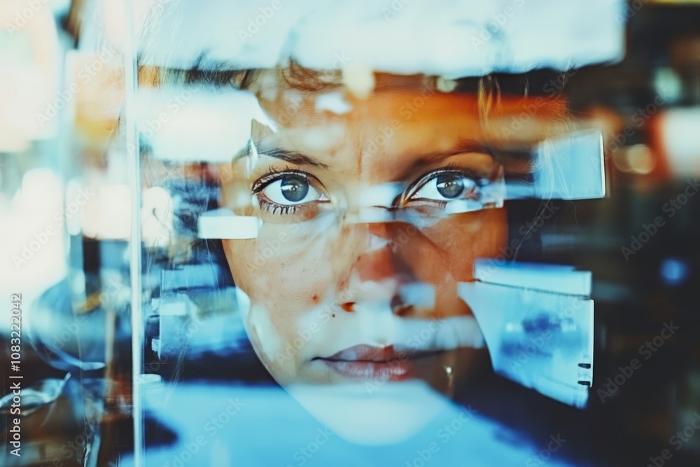 Poster womans face reflected in a futuristic glass screen filled with colorful data visuals symbolizing tec