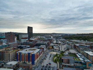 Naklejka premium Aerial View of Historical Sheffield City Centre Which is Located at English county of South Yorkshire United Kingdom. April 29th, 2024.