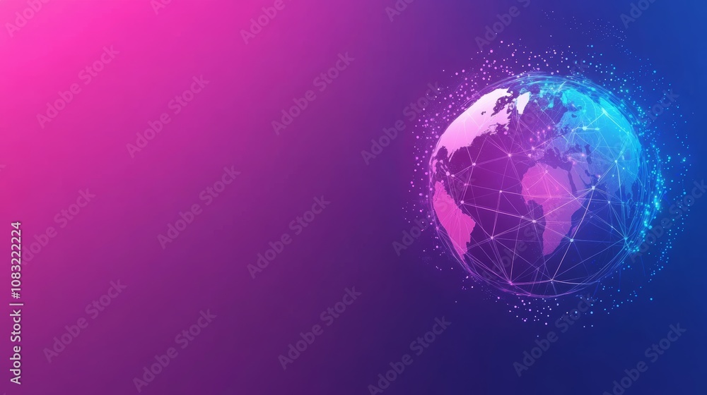 Poster abstract digital globe with glowing points and lines on blue and pink gradient background.