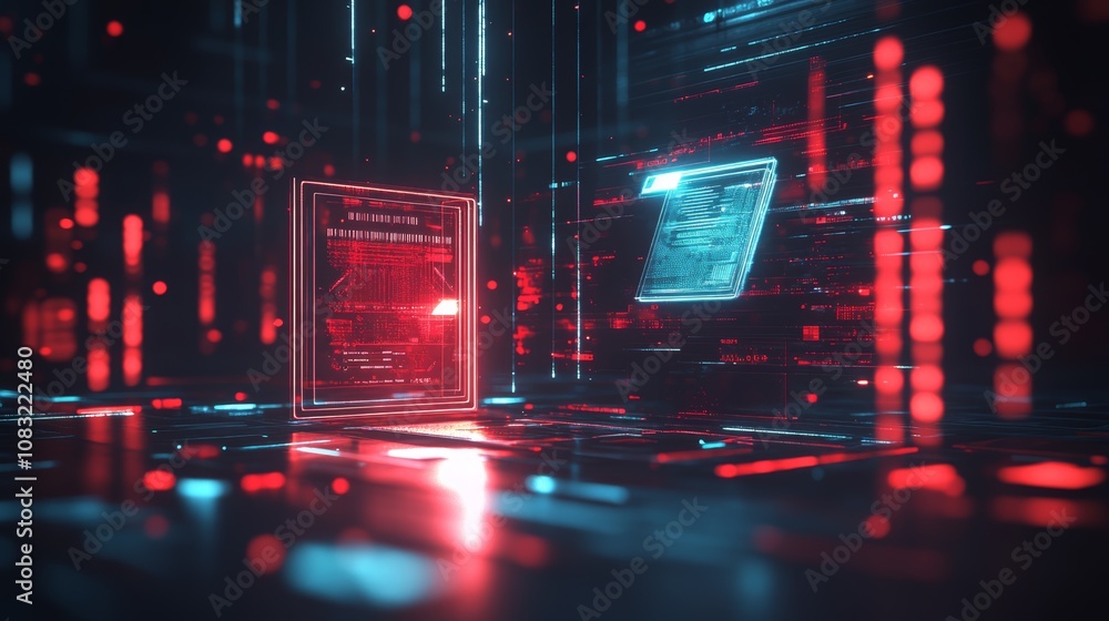 Poster abstract digital world with glowing red and blue lines and a digital interface.