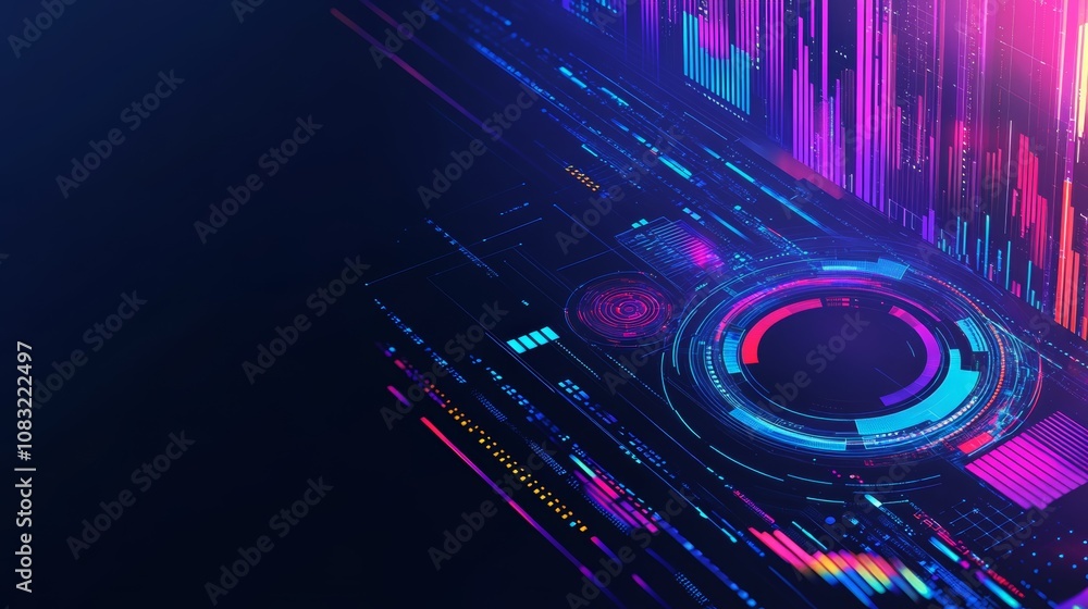 Poster abstract futuristic digital interface with glowing neon lines and shapes.