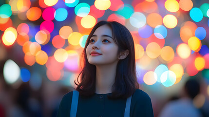Fototapeta premium Woman Looking Up at Colorful Bokeh Lights - Photo