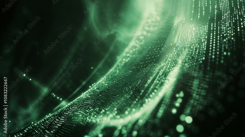 Poster Abstract green digital wave background with glowing particles and soft blur.