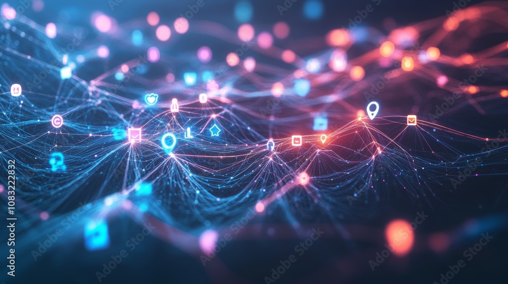 Poster abstract network of glowing lines and icons on a dark background.