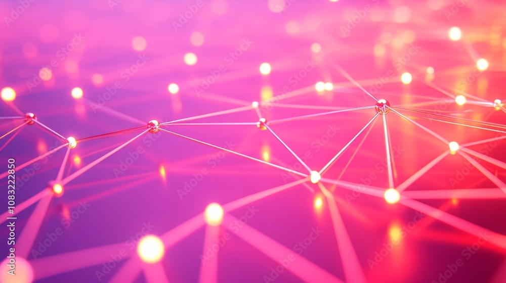 Poster abstract network of glowing points connected by lines on a pink background.