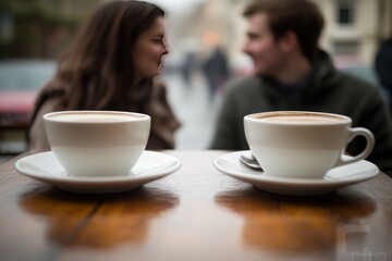 Fototapeta premium Two steaming coffee cups on a rustic wooden table in an outdoor café evoking warmth relaxation and meaningful conversations on a breezy afternoon