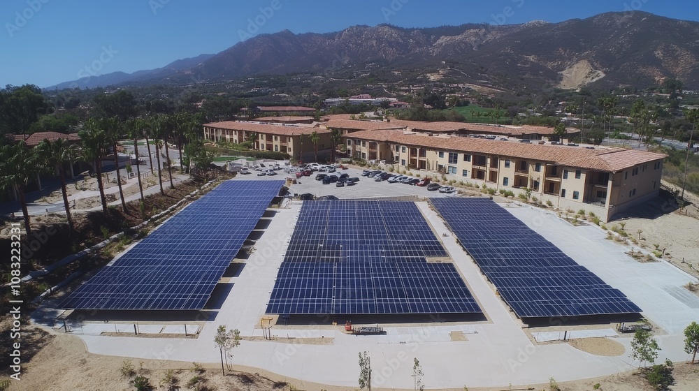 Poster aerial view of a large solar panel array in front of a building with mountains in the background.