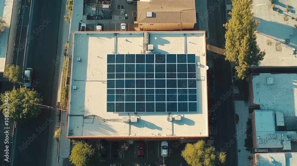 Aufkleber aerial view of a rooftop solar panel array on a building.