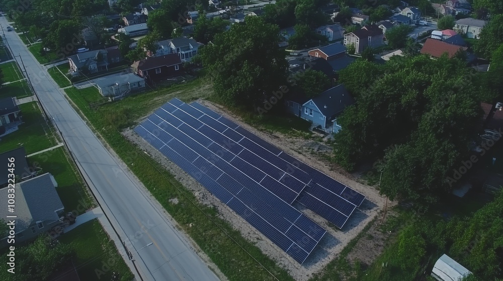 Poster aerial view of a solar panel array in a residential area.