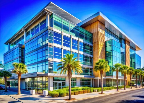 Nestled in Mission Bay, San Francisco, this modern medical center showcases striking architecture under a brilliant blue sky, providing a serene healing environment.