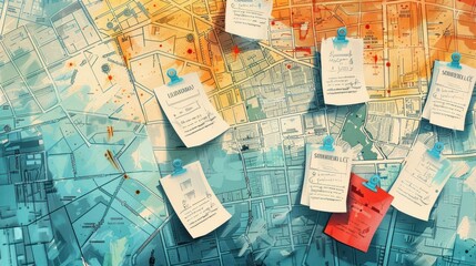 Obraz premium A close-up view of a corkboard covered in maps and notes. The maps are of various cities and the notes are handwritten. The notes have various colors and are pinned to the board. 