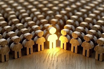 Obraz premium A glowing figure stands out among a crowd of wooden figurines, symbolizing uniqueness and distinction within a collective.