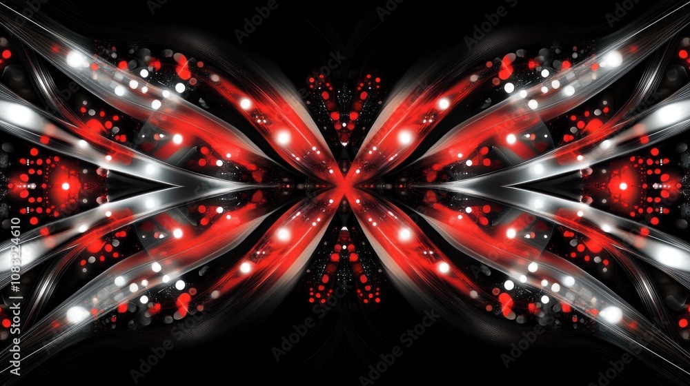 Poster Abstract design featuring red, white, and black waves and dots, creating a dynamic visual effect.