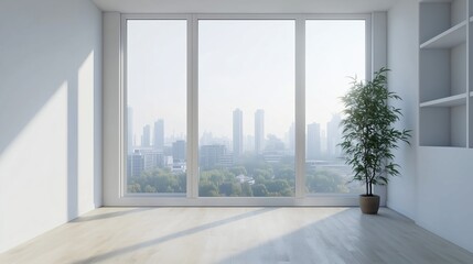 Fototapeta premium Interior view of an empty room in a skyscraper, showcasing the cityscape during the day. The skyline view from a high-rise window offers a gorgeous property with a stunning view.