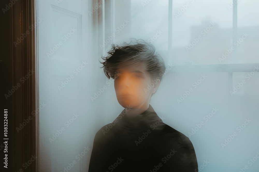 Poster a figure stands blurred behind a foggy glass, creating a mysterious atmosphere with soft lighting an