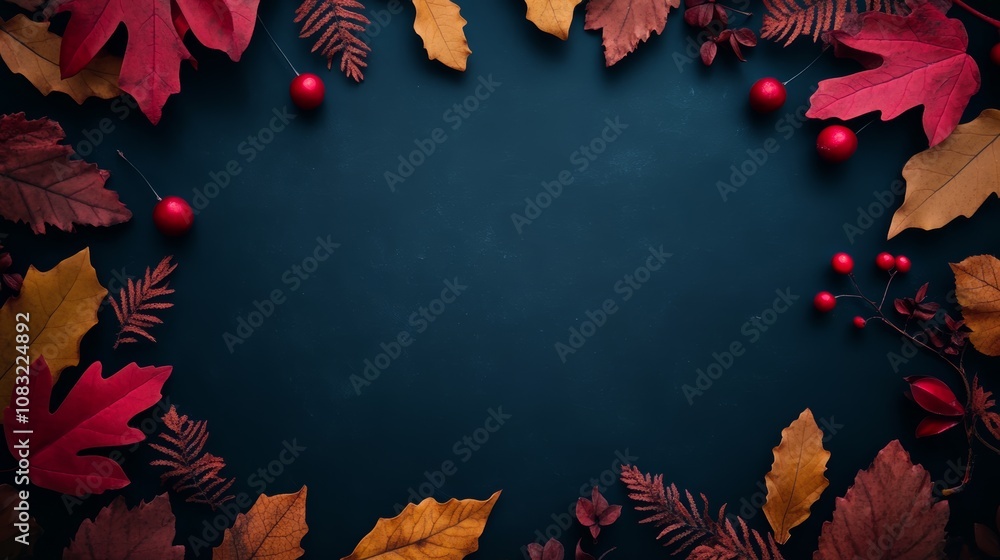 Poster autumn leaves and berries arranged in a circle on a dark blue background, creating a frame for text 