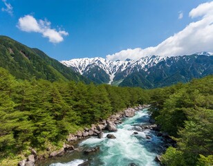 The Majestic View of the Japanese Alps in Nagano Prefecture, Japan, Where Snow-Capped Peaks Tower Over Serene Valleys and Clear Mountain Streams Flow Through Lush Green Forests
