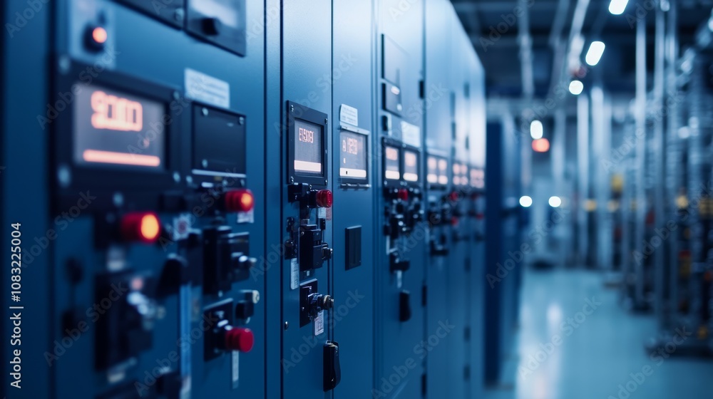 Poster Close up view of industrial control panel with digital displays and switches in a factory.
