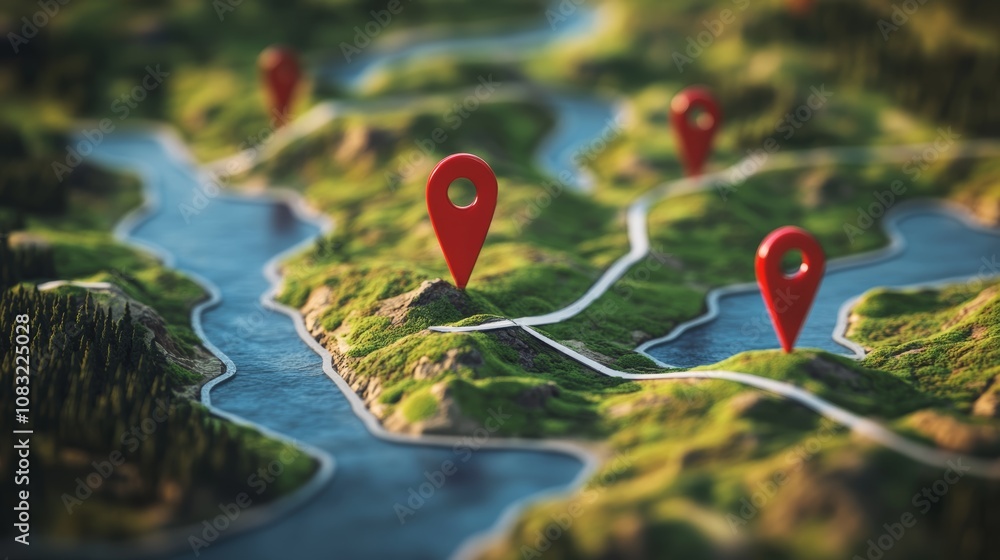 Poster close-up of a 3d map with winding roads and rivers, dotted with red location pins.