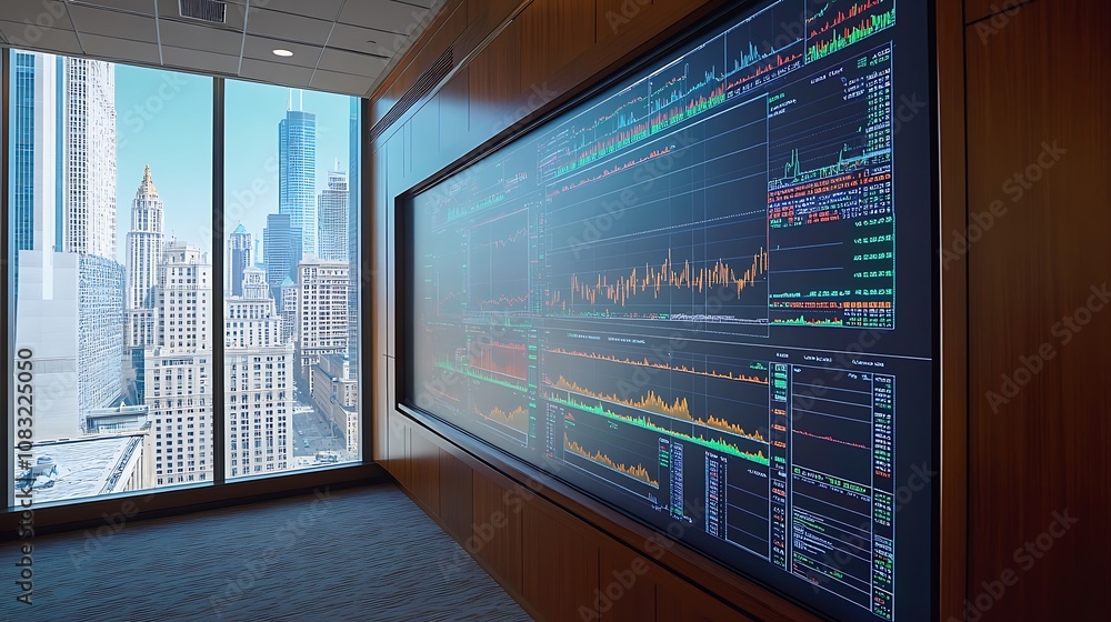 Poster a modern office with a large screen displaying financial data and a city view.