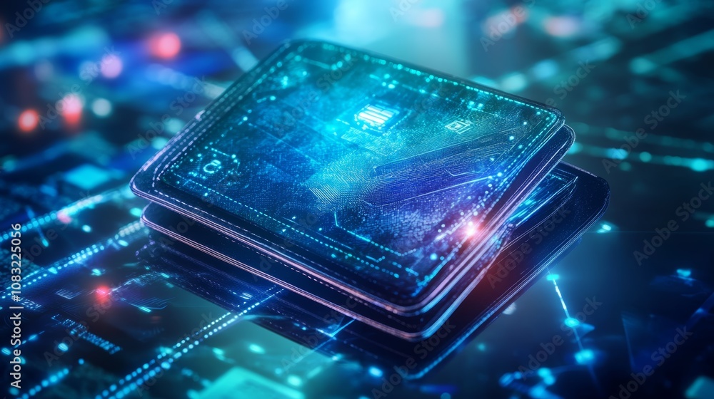 Poster close up of a cpu chip on a circuit board with blue and teal lighting.
