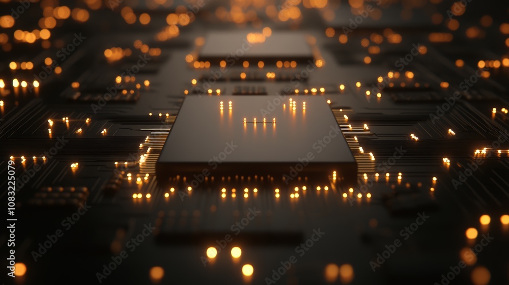 Poster close-up of a computer chip with glowing lights on a circuit board.