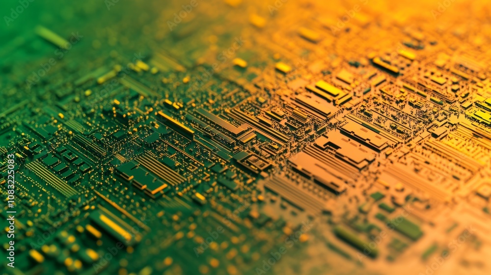 Poster close-up of a circuit board with a green and orange color scheme.