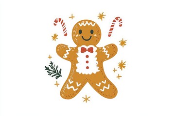 Obraz premium Gingerbread man illustration adorned with candy canes and holly set amidst a snowy backdrop with golden accents exuding festive cheer and holiday whimsy