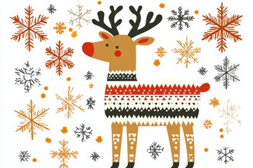 Naklejka premium Hand drawn reindeer illustration with colorful Nordic inspired sweater patterns surrounded by snowflakes blending whimsical charm with festive warmth in a creative design