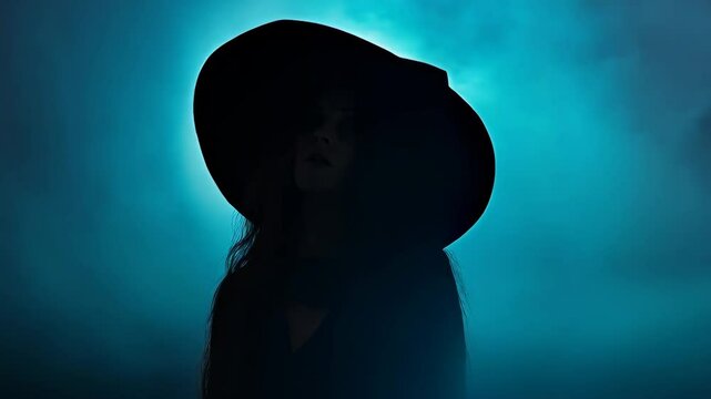 Silhouette of mystic wicked witch in black hat and dress on dark background. Halloween holiday. Witches sabbath on Walpurgis night. Black magic and paganism concept