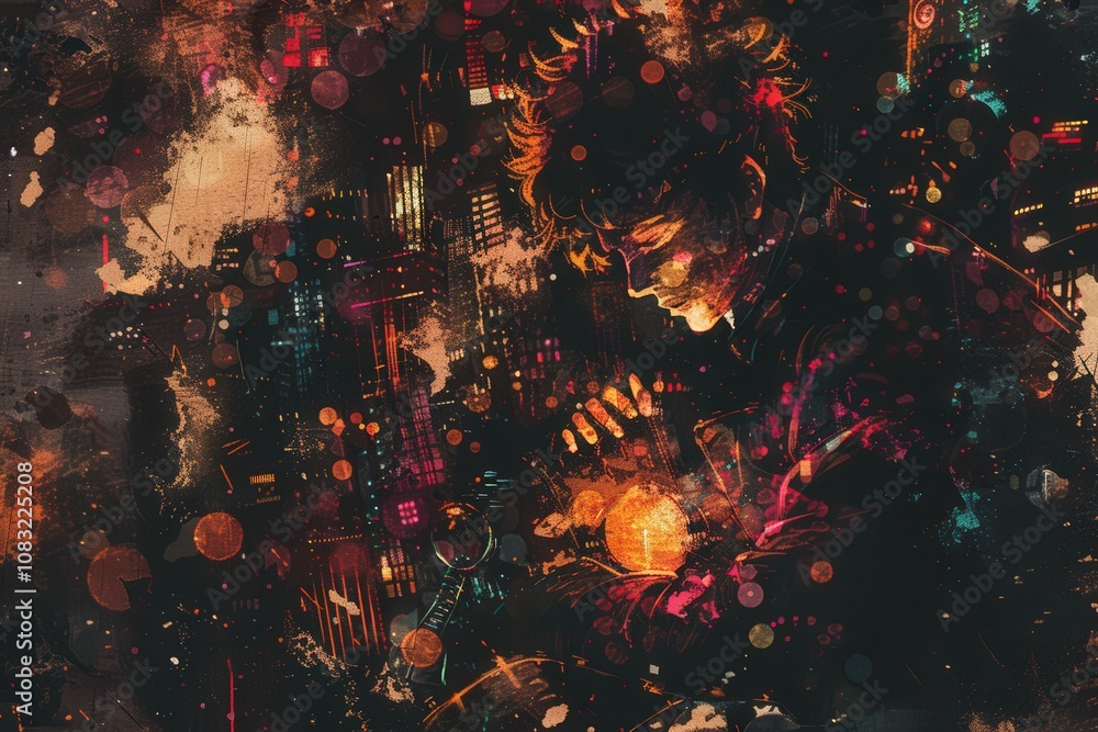 Poster an abstract portrayal featuring vibrant colors, intricate patterns, and dynamic textures that create