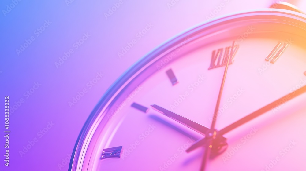 Poster close-up of a watch face with hands and roman numerals on a colorful gradient background.