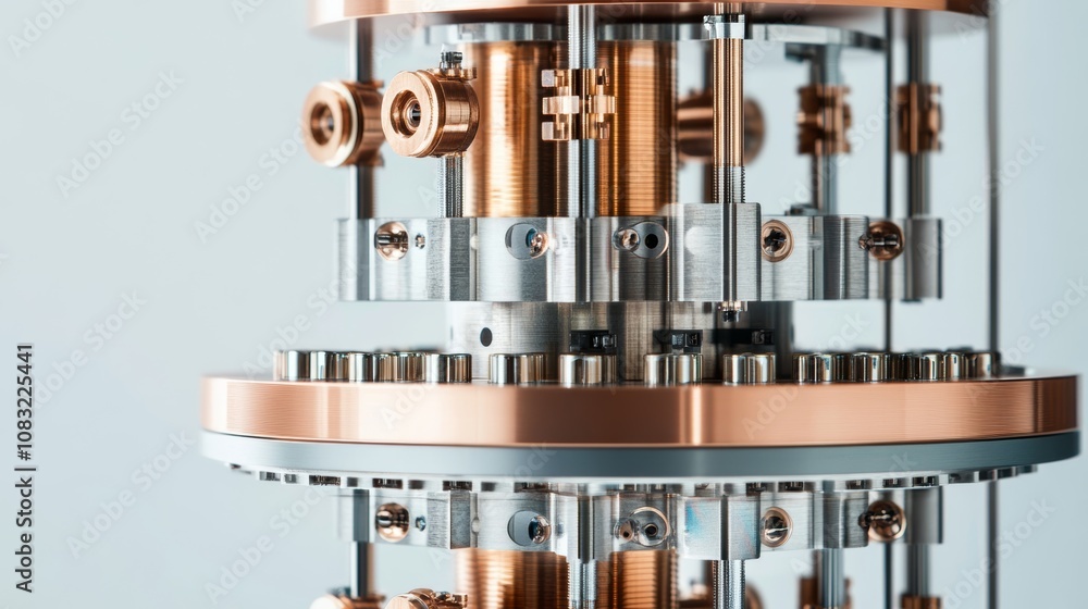 Poster close-up view of a complex, multi-layered machine with copper, silver and chrome components, showcas