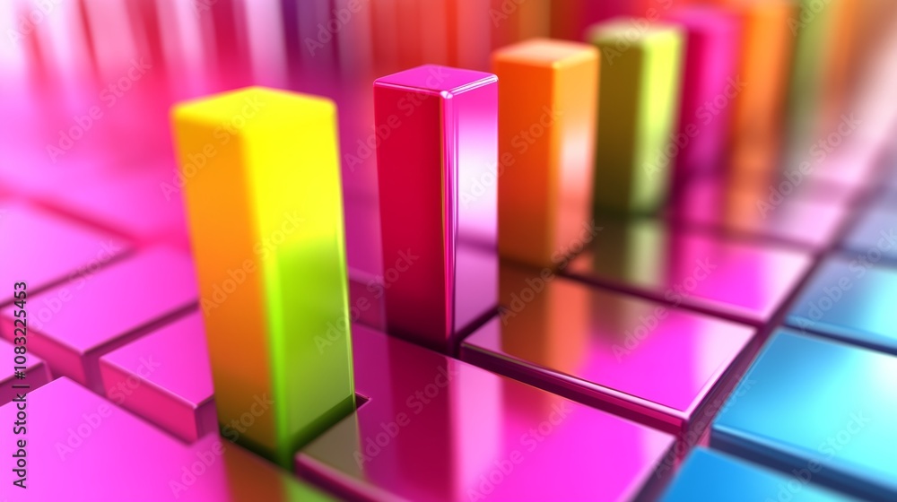 Poster colorful 3d bars forming a graph or chart on a reflective surface.
