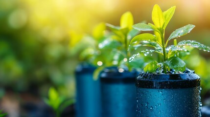 Closeup of young green seedlings growing in a nursery, with water droplets on the leaves, bathed in warm sunlight.