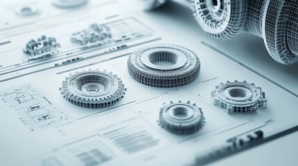 Detailed 3D renderings of gears and cogs on a blueprint.