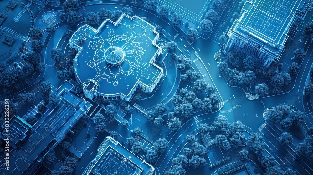 Poster an aerial view of a city park, rendered in a wireframe style, with a circular building and surroundi