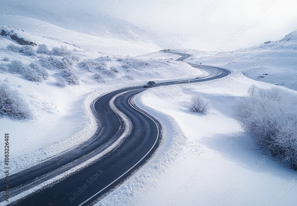 Poster here's a description and keywords for your stock photo.. winding snowy road with car.