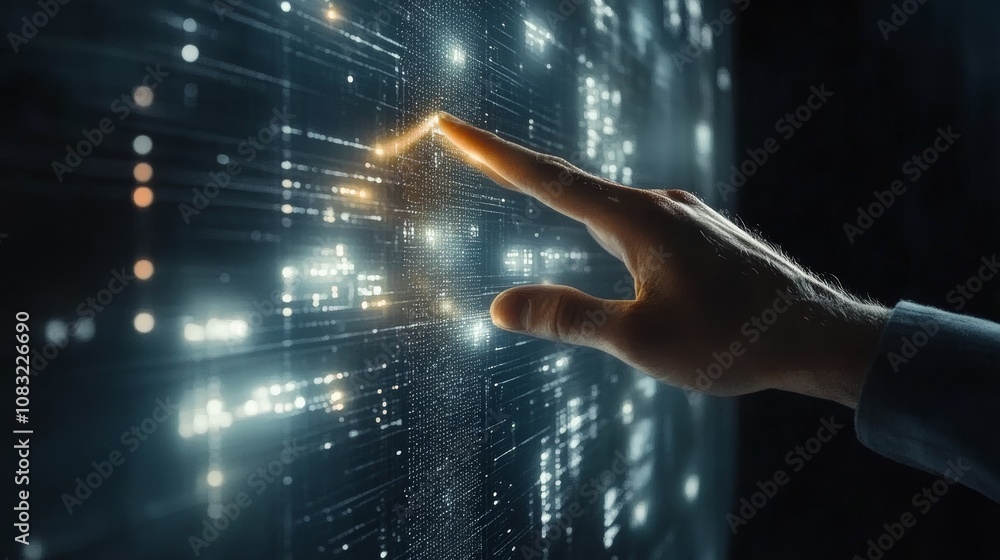 Poster hand pointing at glowing data on digital screen.
