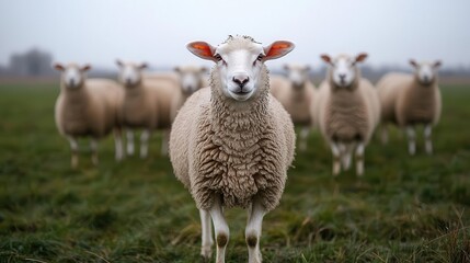 Fototapeta premium A farmer leading sheep through a pasture, Sheep Farming, Peaceful and rural