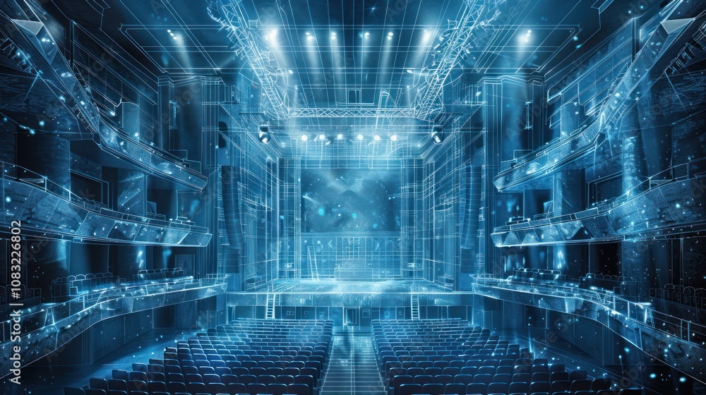 Poster a futuristic, wireframe style rendering of an empty concert hall or theater with a stage and seating