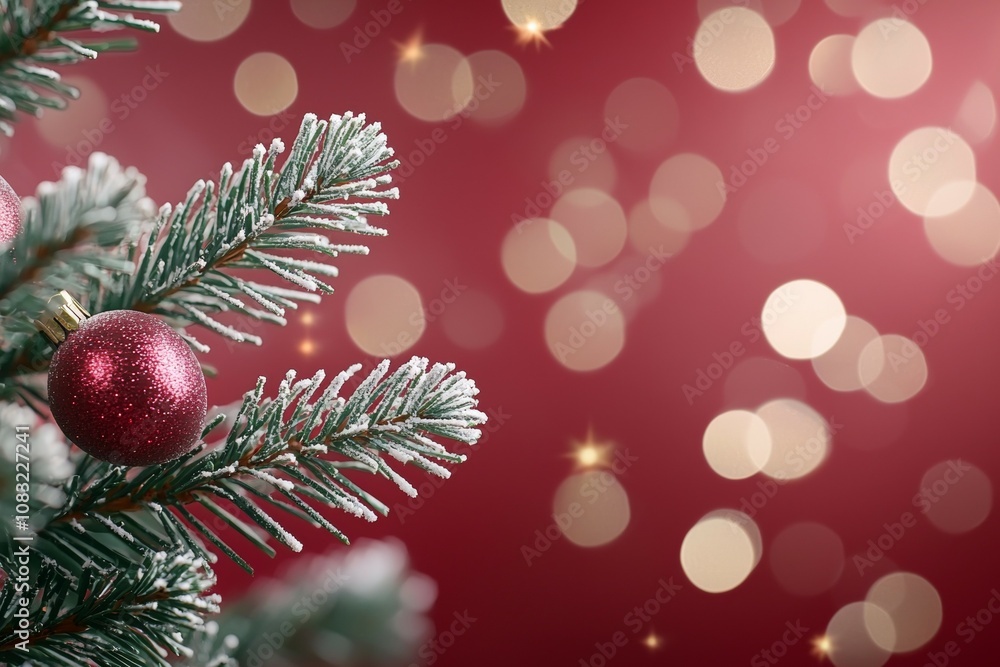 Poster a christmas tree with a red background and a red ball on a branch