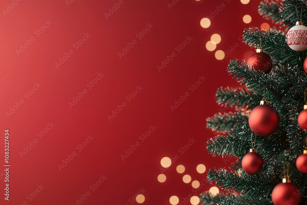 Poster a red background with a christmas tree in the foreground