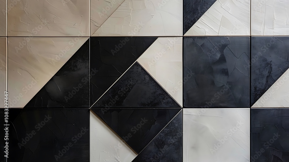 Poster close-up shot of geometric tile pattern in black and white with grid arrangement of triangles and sq