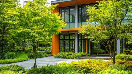 Modern office building with a green courtyard.