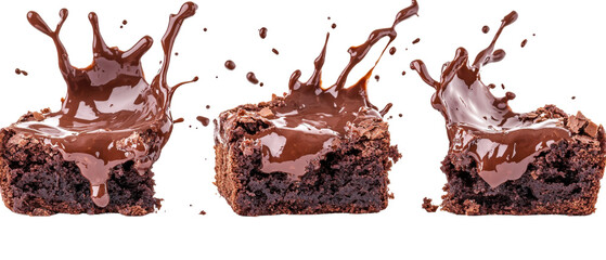 Fototapeta premium set of chocolate brownie with chocolate cream, melting and splashing, isolated on transparent background