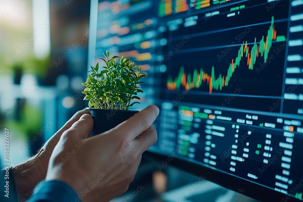Poster a person holds a small plant in front of a computer screen displaying stock market data.